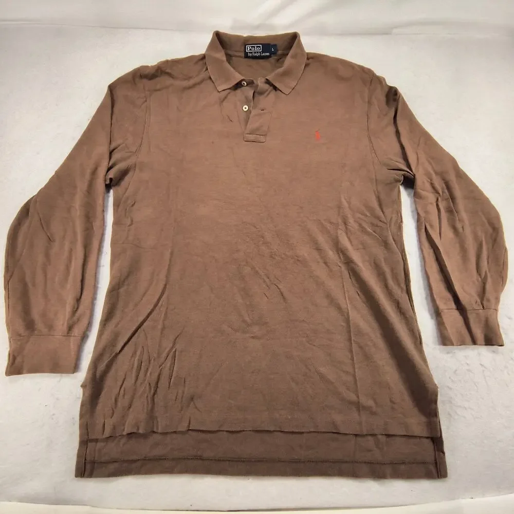 Polo by Ralph Lauren Collared Casual Long Sleeve Polo Shirt Mens Size L Brown
